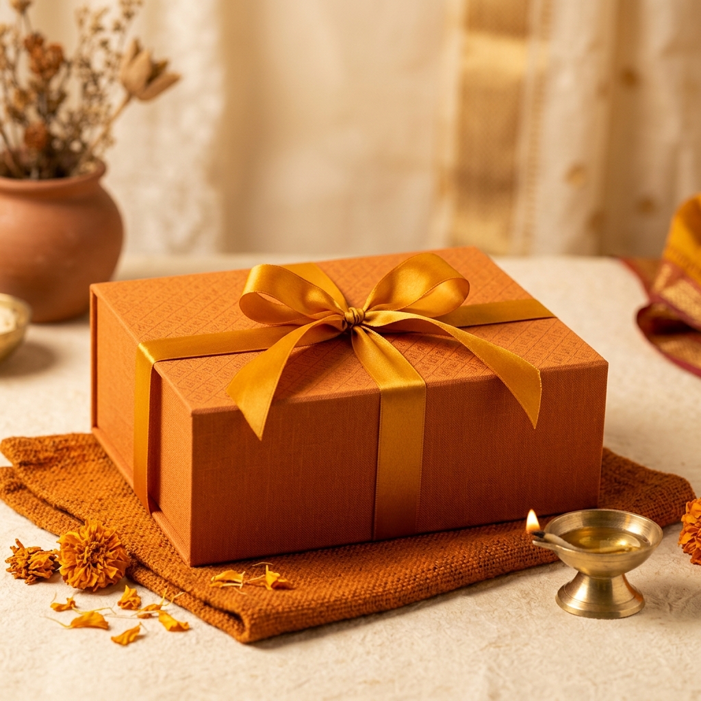 Spiritual Festive Gift Boxes - Luxurious gold-foiled gift boxes packed with pure camphor, dhoop cups, brass brassware & brass diyas.